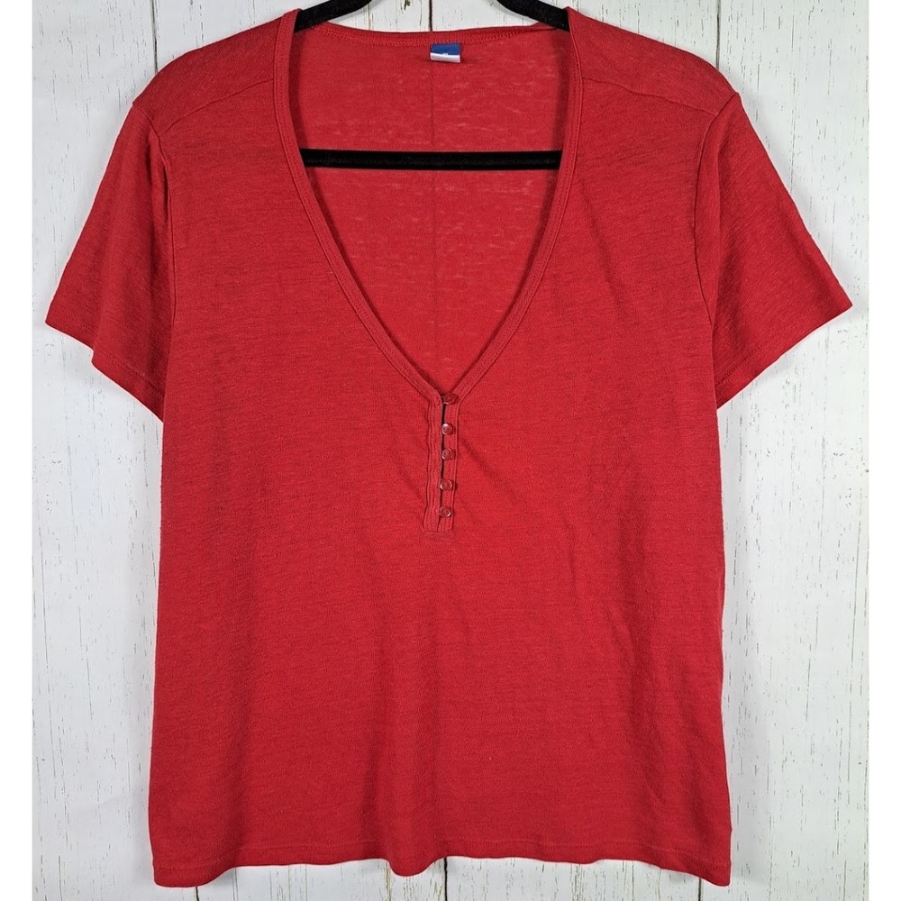 Old Navy Size XL Womens Red V Neck Button Up Short‎ Sleeve Top